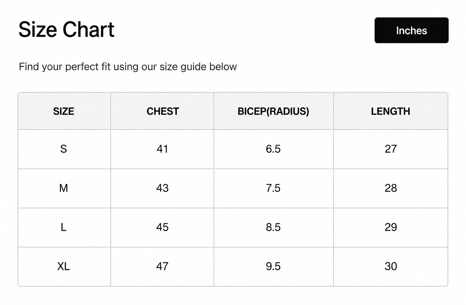 Envy T-Shirt Size Chart